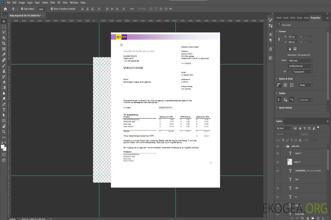 Modèle de facture de services publics de gaz NUON aux Pays-Bas au format Word et PDF en langue néerlandaise template